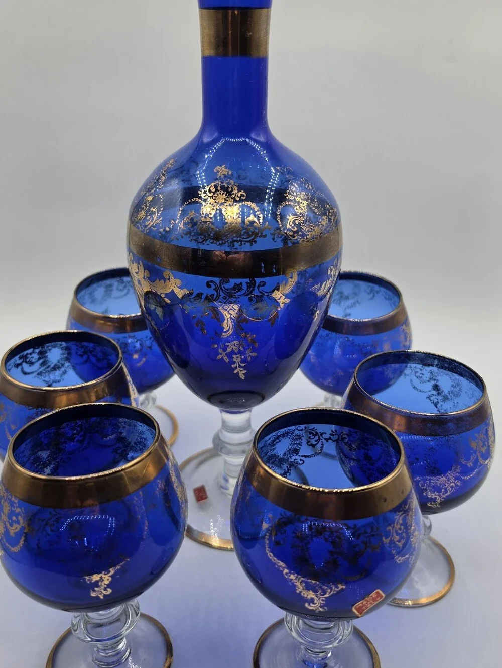 Vintage Italian Cobalt Blue & Gold Decanter Set – 7 Pc